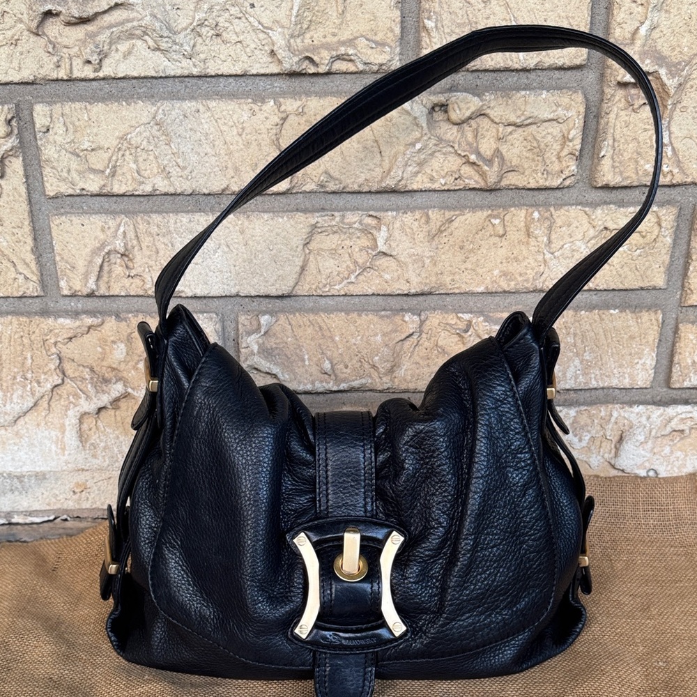 B MAKOWSKY large Leather Shoulder Bag Hobo Bag Gold Hardware Bow Shape - Picture 2 of 16